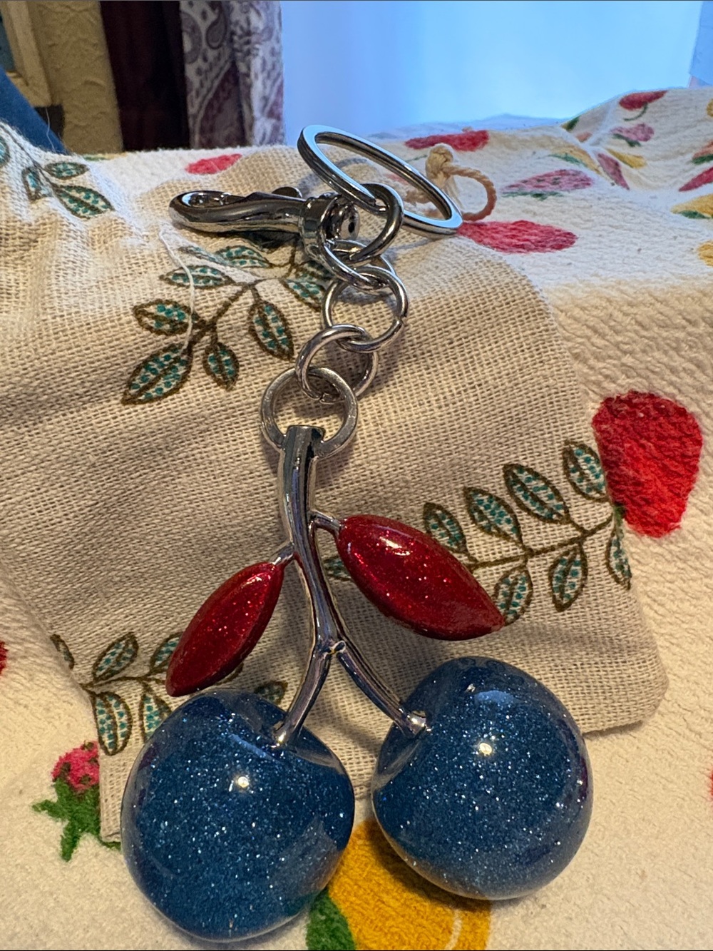 Cherry Charm/Keychain with Blue Cherries NWOT